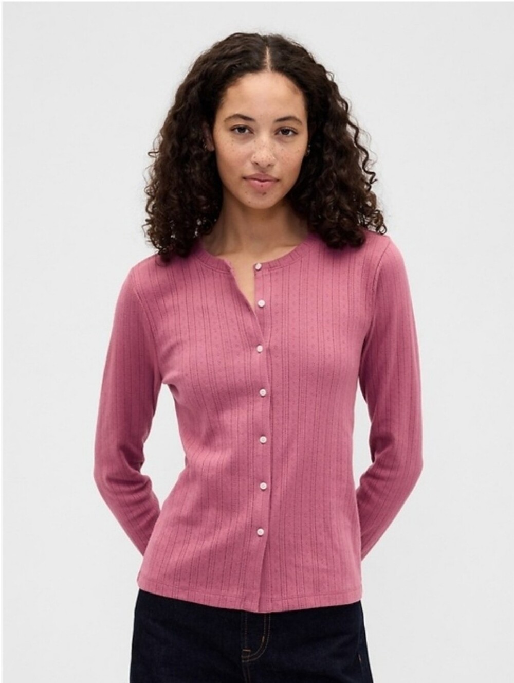 NWT Gap Pointelle Button-Up Top Rose Pink Trendy Modern Cotton Long Sleeve Sz S